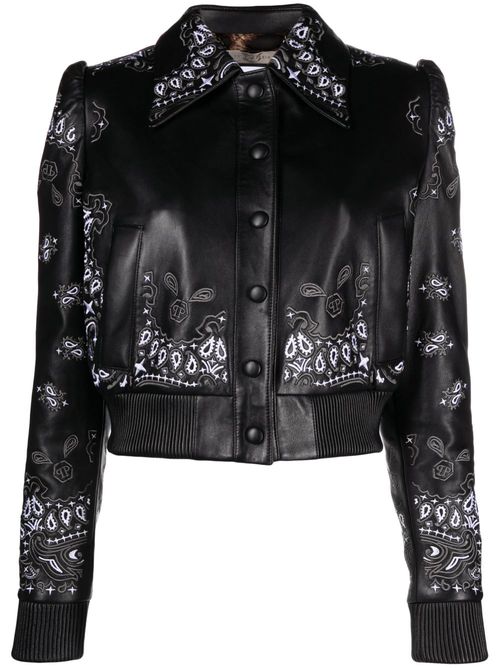 Embroidered leather jacket - Black