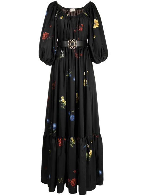 Floral-print satin maxi dress - Black
