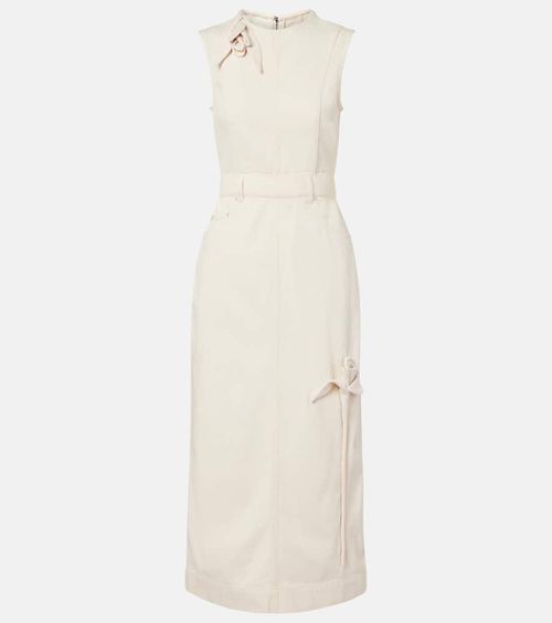 Floral-appliqué denim midi dress