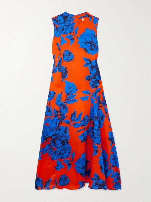 Paneled Floral-print Satin Midi Dress - Orange