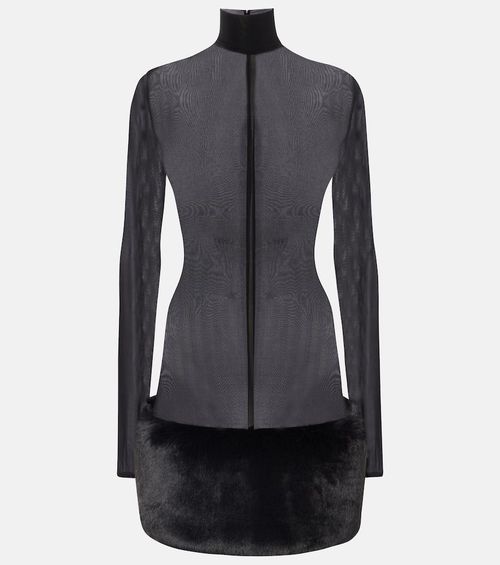 Sheer faux fur-trimmed minidress