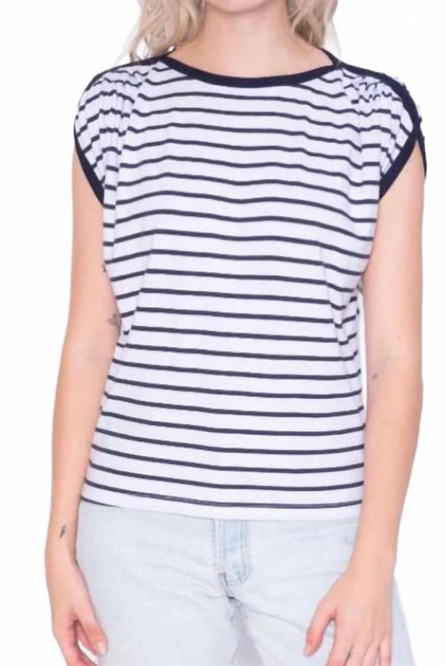 Pleated Boatneck Cap Sleeve Tee In Navy & White Stripe Cap Sleeve Tee