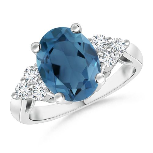 Angara 3.25 Carats Oval London Blue Topaz Cocktail Ring with Trio Diamonds in Platinum