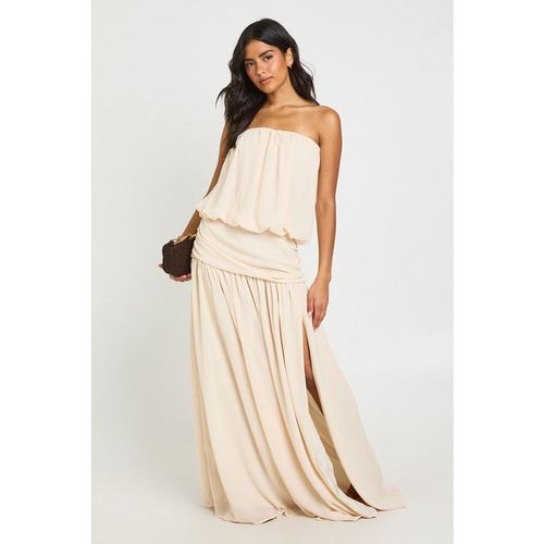 Boohoo Womens Chiffon Bandeau Blouson Ruched Drop Waist Maxi Dress - Sand