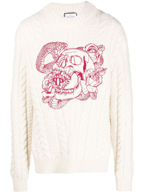 Skull-embroidered cable-knit sweatshirt - White
