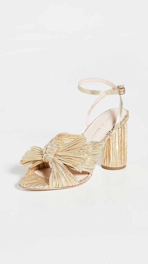 Camellia Gold Pleated Bow Heel with Ankle Strap