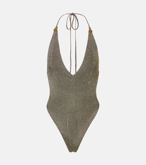 Embellished halterneck lamé bodysuit