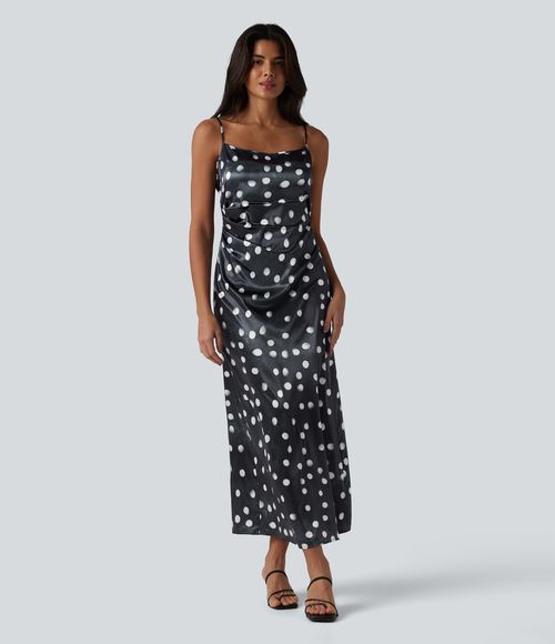 Invisible Zipper Ruched Tie-back Polka Dot Satin Maxi Bridesmaid And Wedding Guest Slip Dress Casual Dress - White Polka