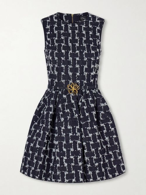 Belted Frayed Checked Denim Mini Dress - Blue