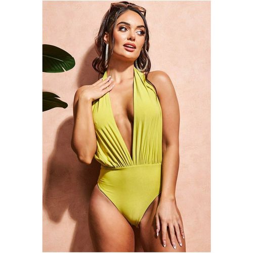 Goddiva Deep Plunge Halter Neck Swimsuit - Lime Green