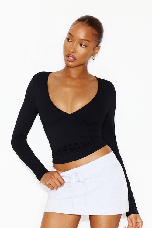 Sleek Plunge Longsleeve Top - Black - Women Clothing