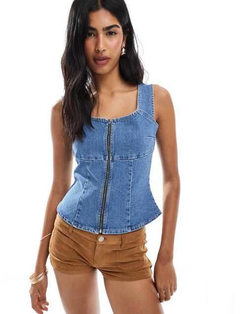 ASOS DESGIN denim zip through square neck top in mid blue