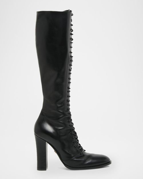Lace-Up Leather Knee-High Boots