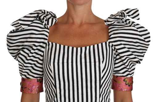 Striped Puff-Sleeve Cropped Blouse — White