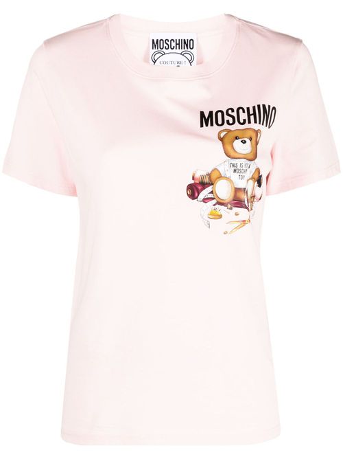 Teddy bear-motif cotton T-shirt - Pink