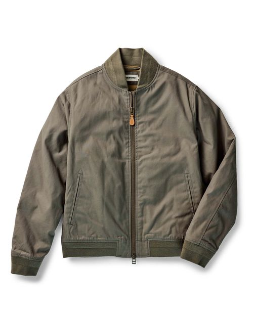 Men's Organic Cotton/Leather Insulated Bomber Jacket in Fatigue Olive Dry Wax