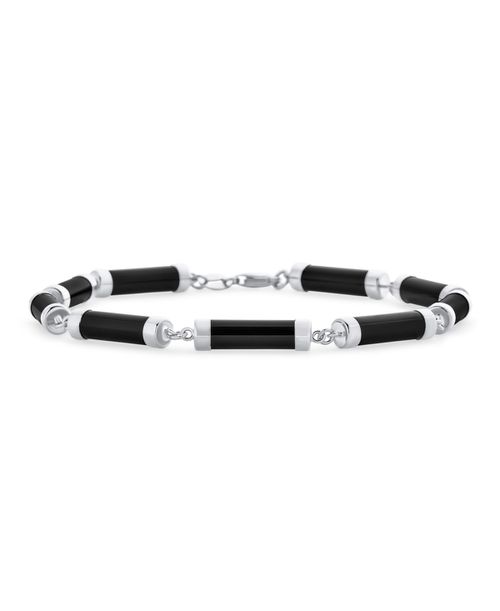 Asian Style Black Natural Onyx Strand Tube Bar Link Bracelet Sterling Silver 7.5 Inch - Black