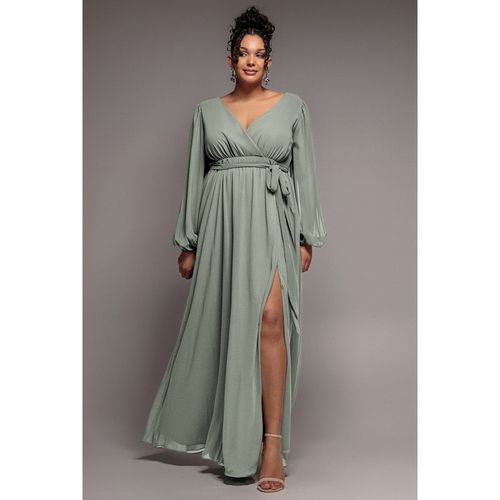 Goddiva Plus Wrap Back With Front Slit Chiffon Maxi Dress - Sage Green