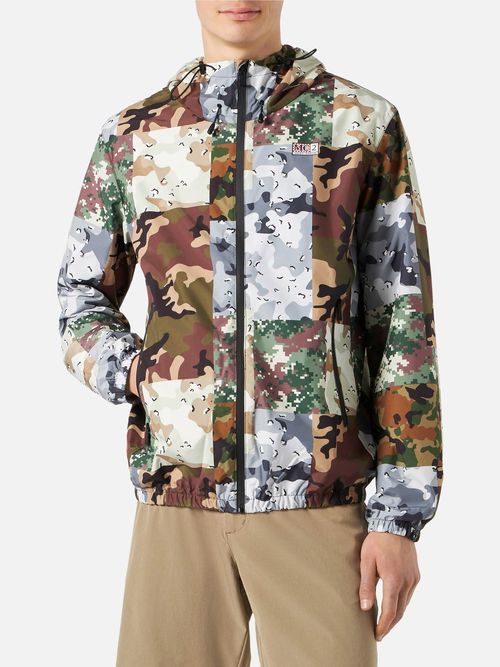Man Hooded Lightweight Windbreaker With Camouflage Print Green Jacket - Men