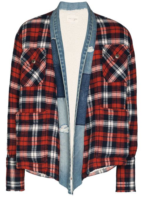 Plaid flannel and denim cardigan - Blue
