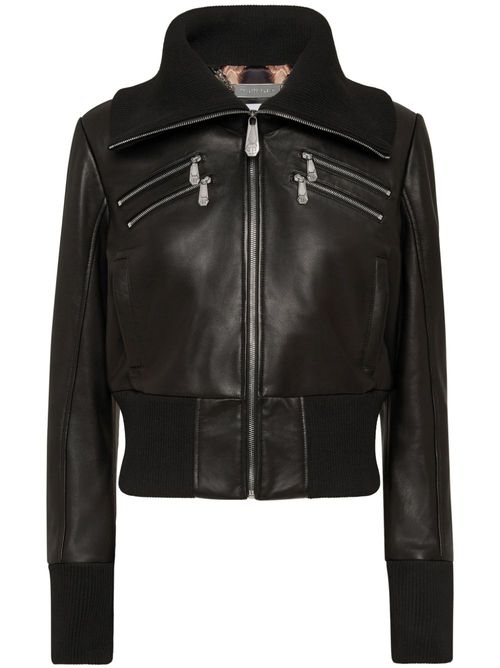 Knitted-collar zipped leather jacket - Black