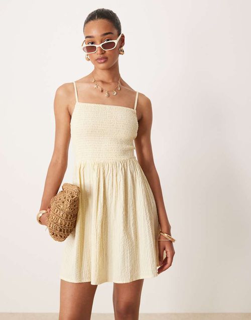 Strappy mini dress with shirred bust in butter yellow-White