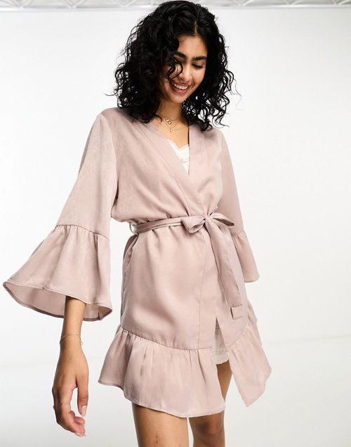 Bridesmaid satin ruffle sleeve mini robes in dusty pink