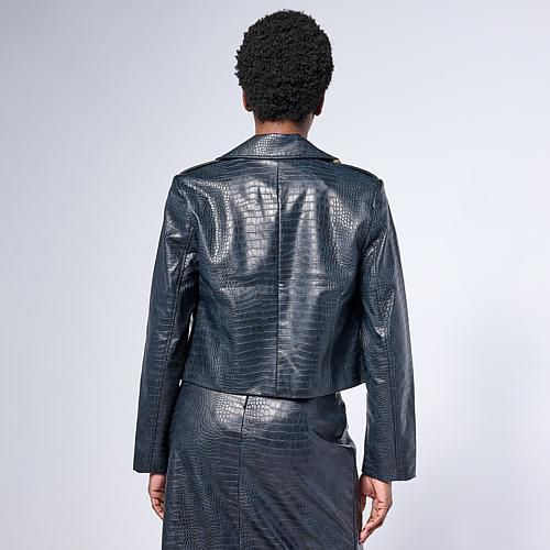 Croco-Embossed Faux Leather Cropped Jacket - Black