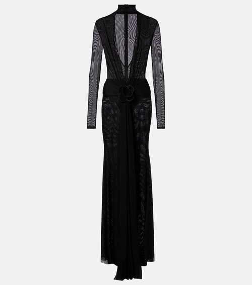 Floral-appliqué mesh gown