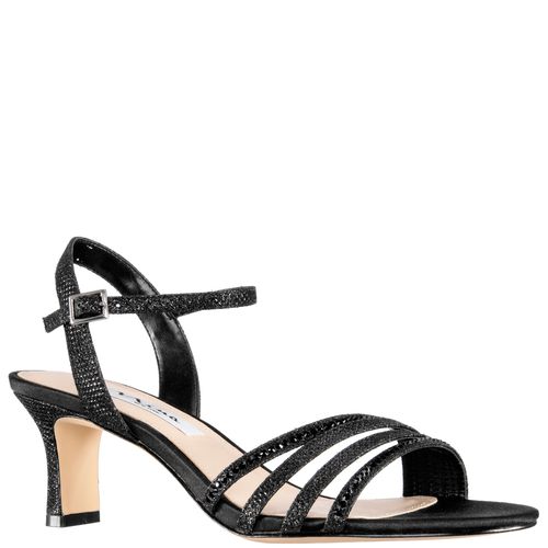 Womens Nelena Black Textured Metallic with Matching Crystals Low-Heel Sandals with Ankle-Strap | Nina Shoe