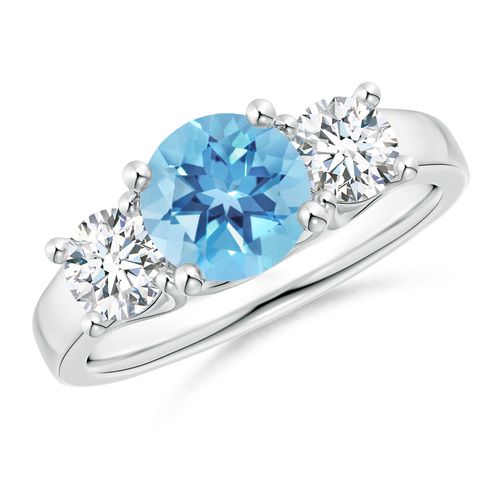 Angara 1.55 Carats Classic Round Swiss Blue Topaz and Diamond Three Stone Ring in Platinum