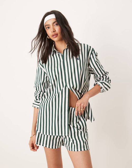 Wimbledon capsule logo stripe shirt co-ord in dark green-White
