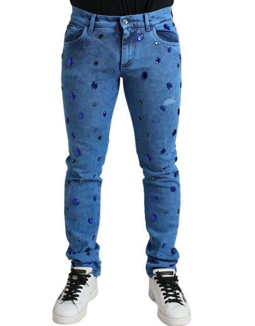 Crystal-Embellished Skinny Jeans — Blue