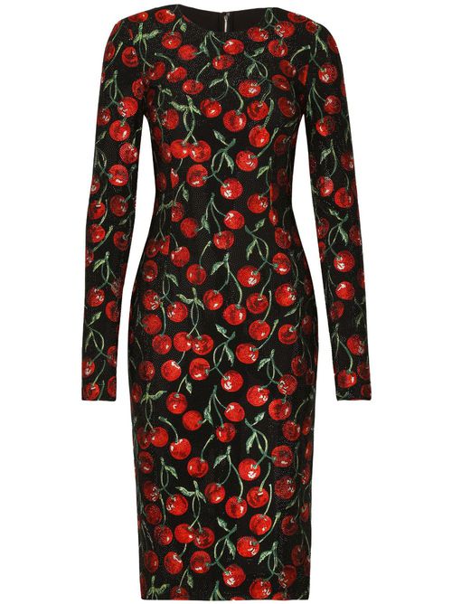Rhinestone-embellished cherry-print midi dress - Black