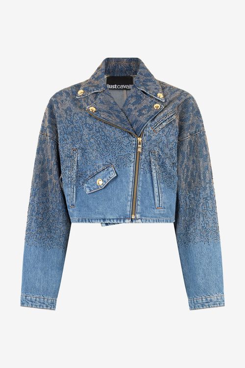 Cropped Denim Jacket With Rhinestones