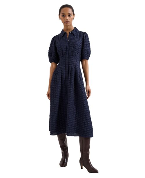 Women's Yasmine Textured Short-Sleeve Collared Midi Dress - Navy