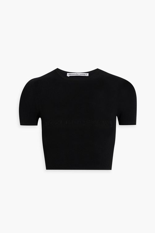 Cropped appliquéd pointelle-knit top