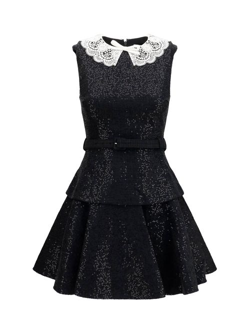 Sequin Bouclé with Lace Collar Dress — Black