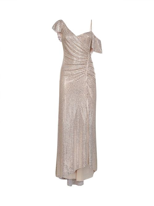 Rhinestone-Embellished Tulle Dress — Beige