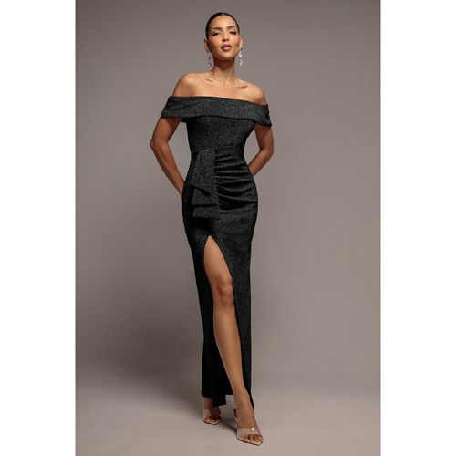Goddiva Sparkle Bardot Maxi With Waterfall Ruffle - Black