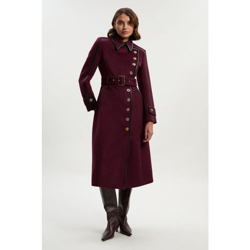 Karen Millen Womens Brushed Wool Pu Mix Gold Trim Belted Midi Coat - Burgundy