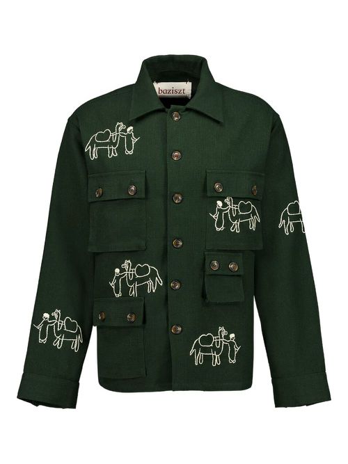 Camel-embroidered multi-pocket shirt - Green