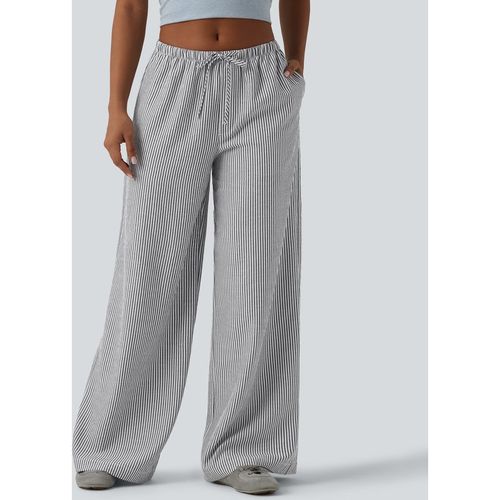 Halara Low Rise Drawstring Stripes Linen-Feel Casual Baggy Trousers with Pockets - Nimbus Cloud - XLregular