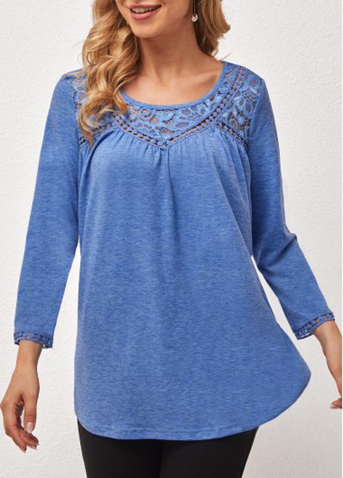 Modlily Lace Stitching Round Neck Blue T Shirt