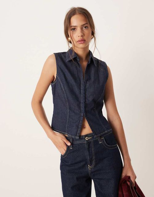 Zip through denim short sleeve top in indigo-Blue