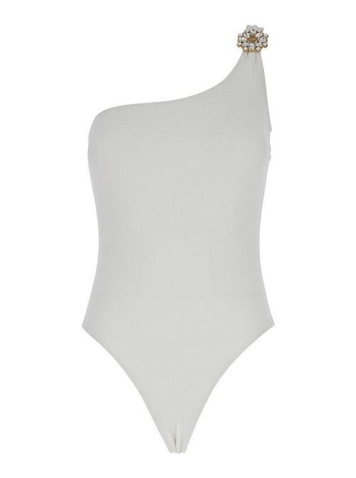 White One-Shoulder One-Piece Swimsuit With Rhinestone Brooch Detail In Tech Fabric Woman