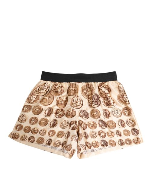 Ancient Coin Print Silk Swim Shorts — Beige