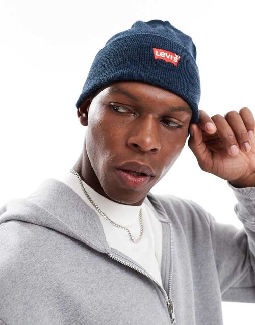 Red batwing embroidered beanie in navy blue