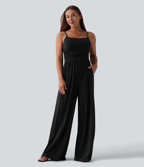 Adjustable Straps Ruched Wide Leg Heathered Casual Jumpsuit with Pockets-Easy Peezy  - Black