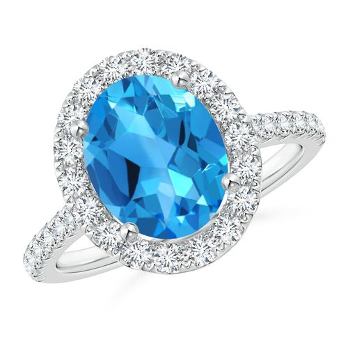 Angara 3.25 Carats Prong-Set Oval Swiss Blue Topaz Halo Ring with Diamond Accents in Platinum